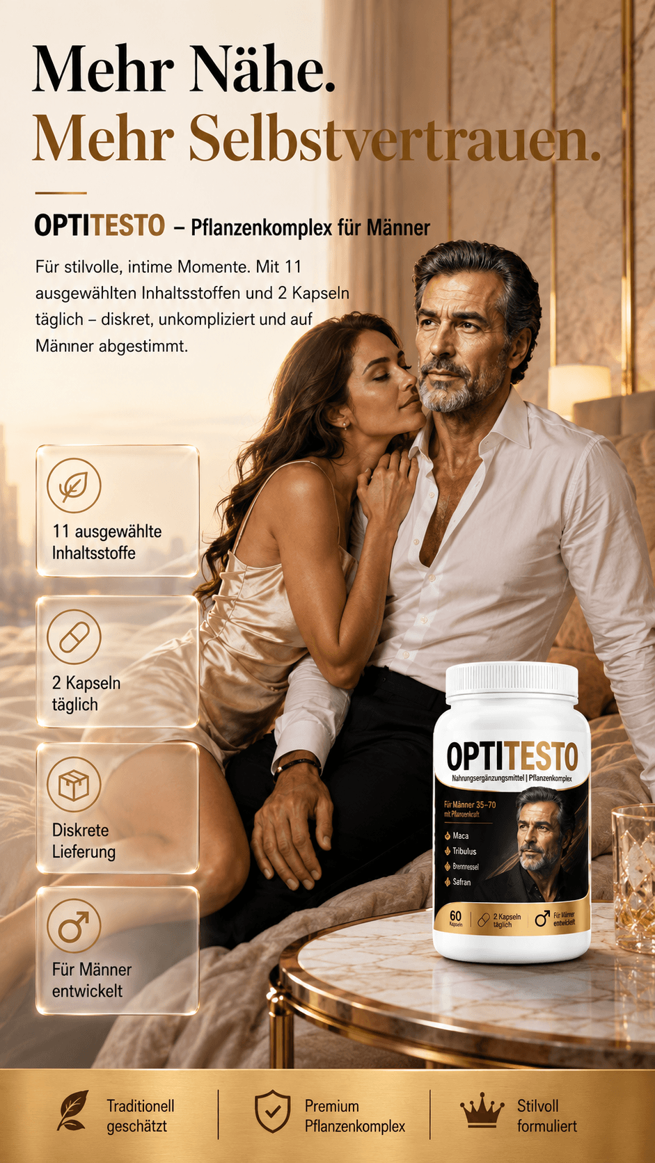 OPTITESTO Nahrungsergänzung mit Pflanzenextrakten zur Unterstützung der Potenz – für Männer mit Stil, Ausstrahlung und Sinnlichkeit. Diskrete Lieferung, für Männer entwickelt, 2 Kapseln täglich, 11 ausgewählte Inhaltsstoffe, traditionell geschätzt.