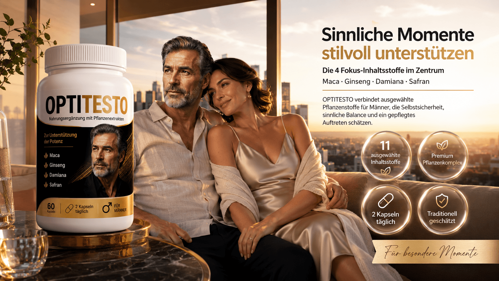 Sinnliche Momente stilvoll unterstützen: die 4 Fokus-Inhaltsstoffe Maca, Ginseng, Damiana und Safran im Zentrum von OPTITESTO, entwickelt für Selbstsicherheit, sinnliche Balance und ein gepflegtes Auftreten.