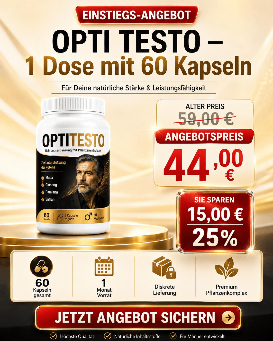 OPTITESTO 1 Dose · 60 Kapseln: Angebotspreis 44,00 € statt 59,00 €, Sie sparen 15,00 € (25%)