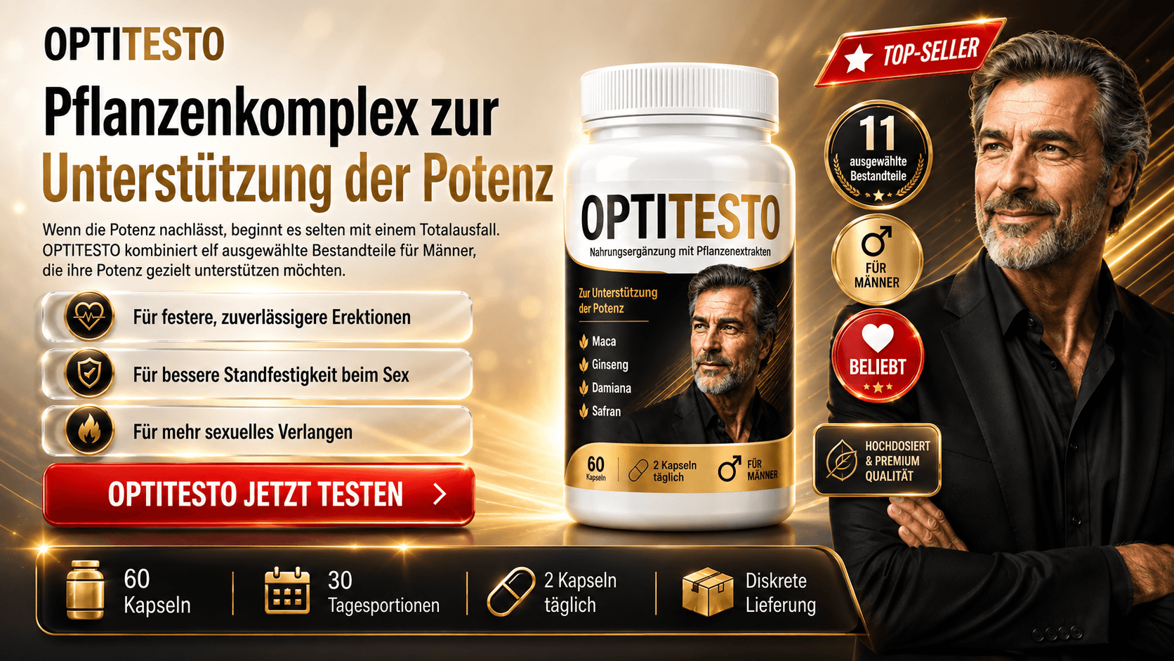 OPTITESTO Pflanzenkomplex zur Unterstützung der Potenz – 11 ausgewählte Bestandteile, für festere Erektionen, bessere Standfestigkeit und mehr sexuelles Verlangen. Top-Seller, hochdosiert und diskrete Lieferung.