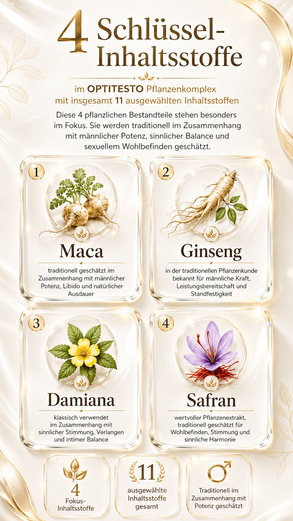 4 Schlüssel-Inhaltsstoffe im OPTITESTO Pflanzenkomplex: Maca (traditionell geschätzt im Zusammenhang mit männlicher Potenz, Libido und natürlicher Ausdauer), Ginseng (bekannt für männliche Kraft, Leistungsbereitschaft und Standfestigkeit), Damiana (klassisch verwendet im Zusammenhang mit sinnlicher Stimmung, Verlangen und intimer Balance) und Safran (traditionell geschätzt für Wohlbefinden, Stimmung und sinnliche Harmonie).